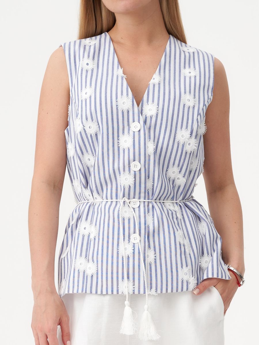 Анна удлиненный жилет хлопок Полоса астра бело-голубой р-р L