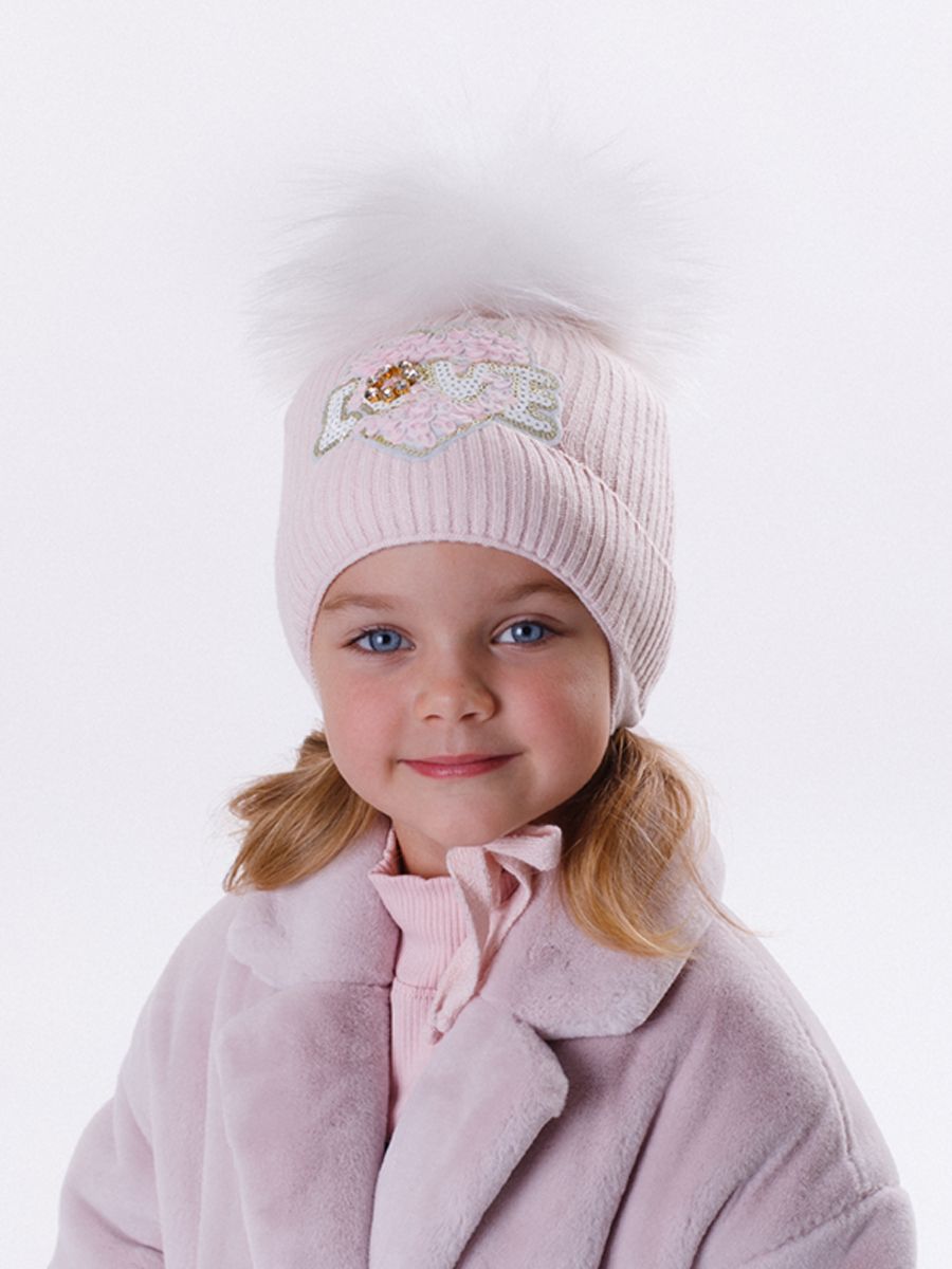 Сердечко LOVE помпон kids VIP шапочка ДН вязка розовый бледный р-р 48-50