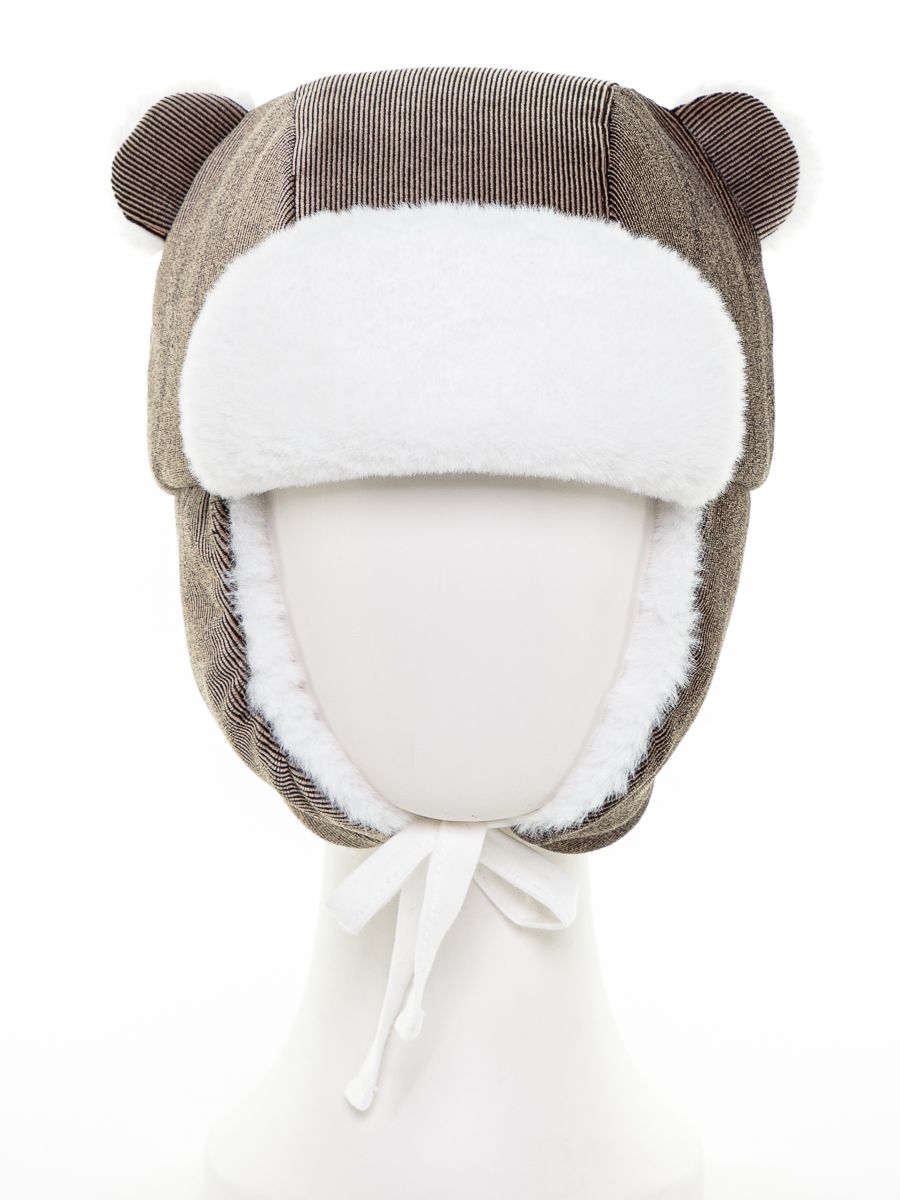 Мишка шапочка велюр рубчик на утепл.п. бежевый + экомех рекс белый р-р 48
