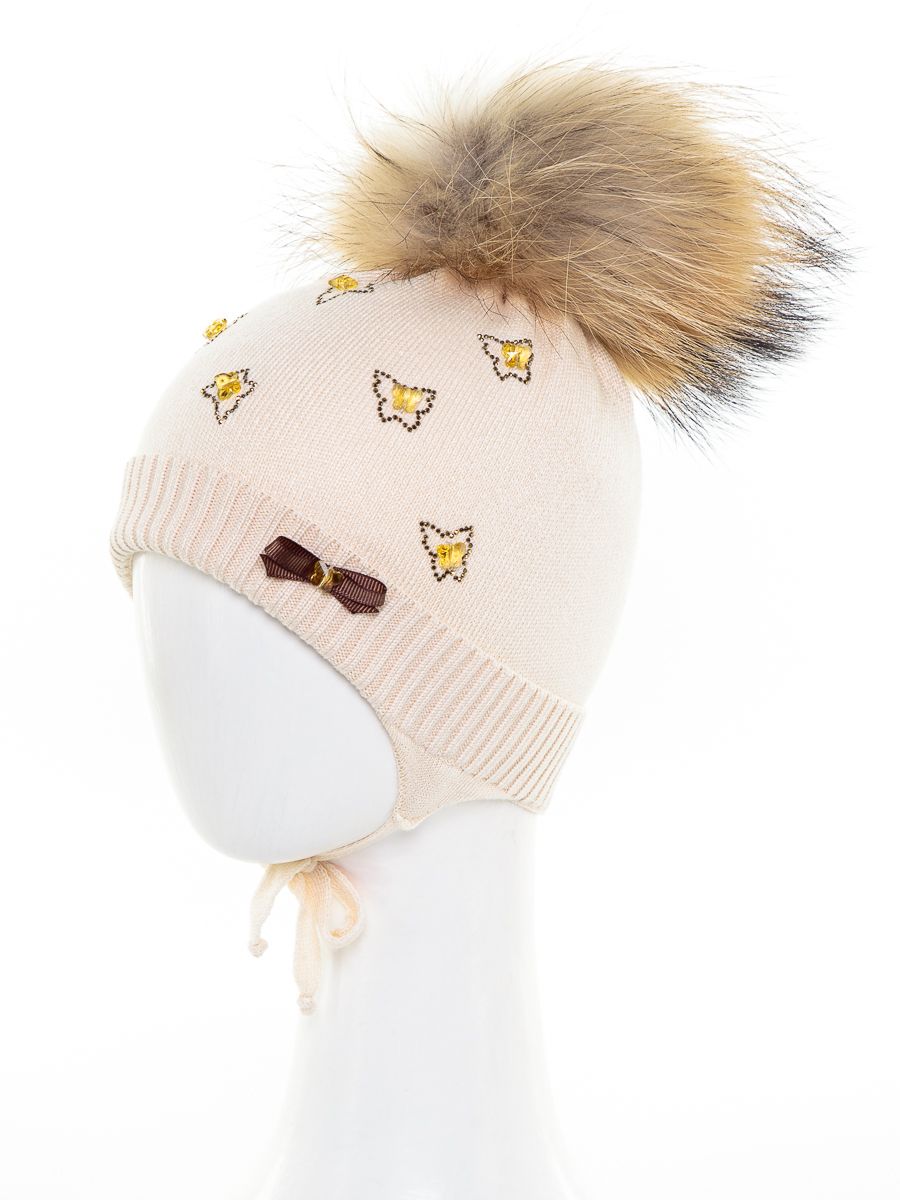 Бабочки россыпь помпон kids VIP шапочка КТ вязка бежевый светлый р-р 44-46