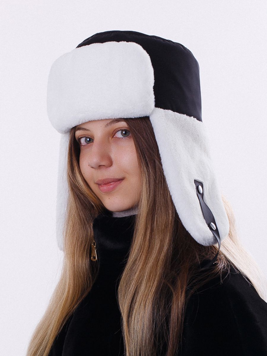 Тиффани ушанка плащевка на утепл.п. черный антрацит + экомех рекс белый р-р 54-55