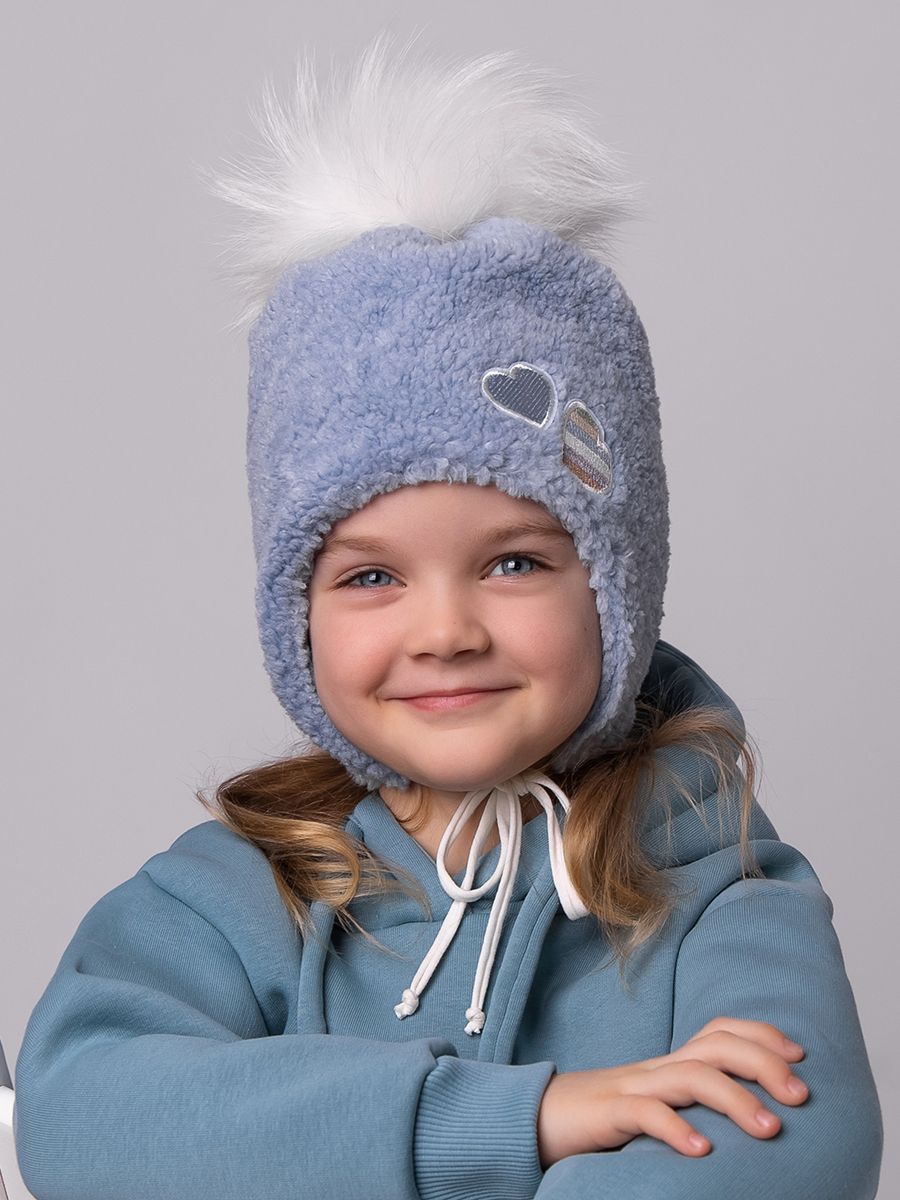 Сердечки помпон шапочка 031У экомех тедди на фл.п. голубой р-р 52-53