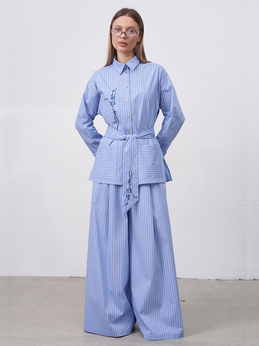 Даниэль вышивка комплект рубашка + брюки хлопок Полоса голубой василек р-р 42-44