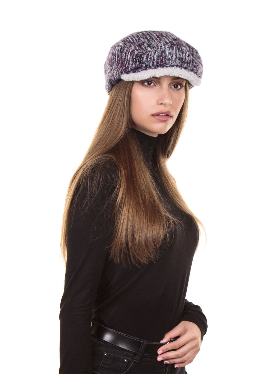 Винтаж кепка шерсть букле петелька крупная на тр.п. сиреневый + экомех керли молочный