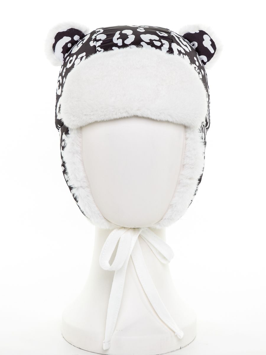Мишка шапочка плащевка леопард на утепл.п. черно-белый + экомех рекс белый р-р 52