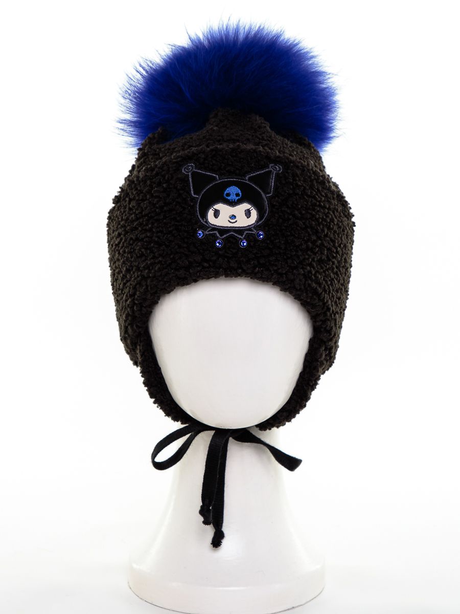 Куроми помпон шапочка 020У трикотаж барашек на фл.п. черный (отд.васильковый) р-р 54-55