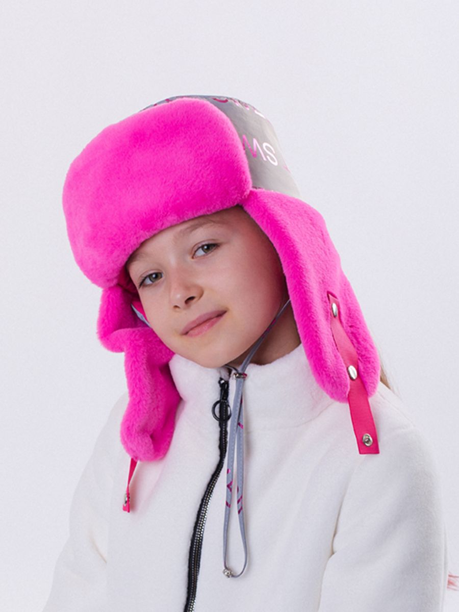 Тиффани ушанка плащевка светоотражающая на утепл.п. фуксия + экомех рекс фуксия р-р 54-55
