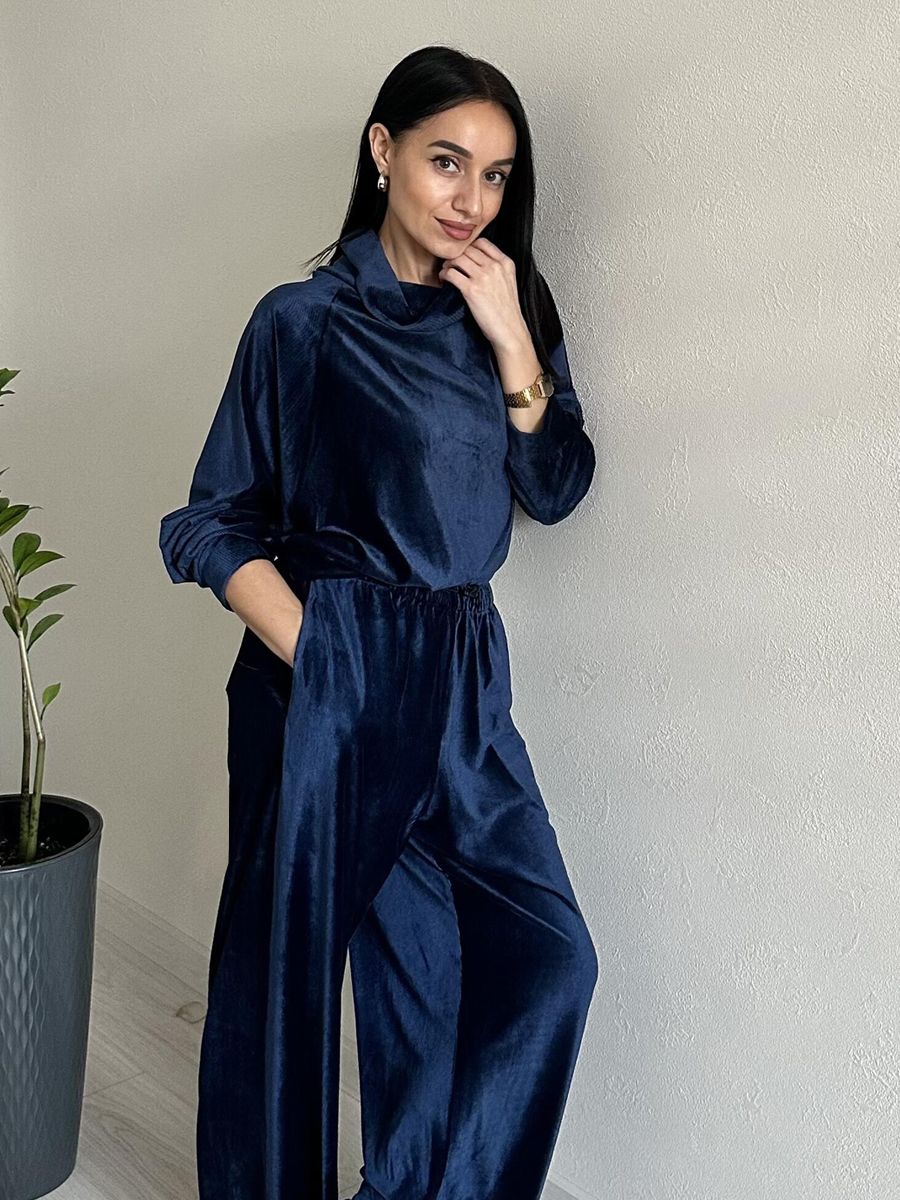 Версаль комплект свитшот + брюки велюр рубчик синий р-р 48-50