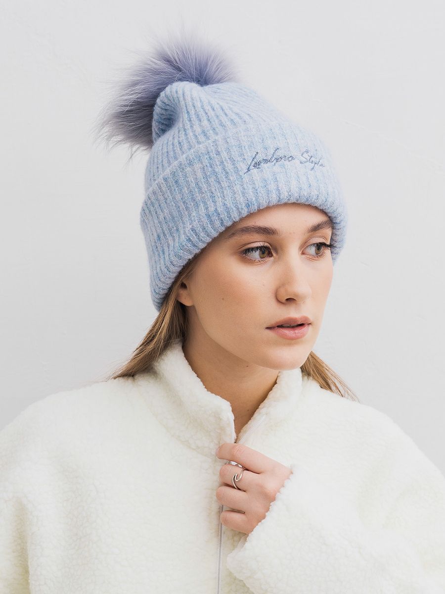Лана помпон шапка вязка альпака голубой