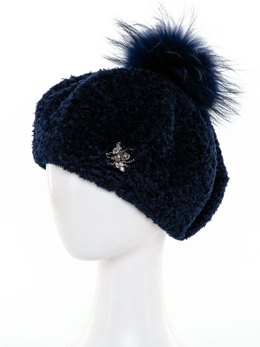 Алиса брошь жук помпон берет экомех Кёрли на фл.п. синий р-р 52-53