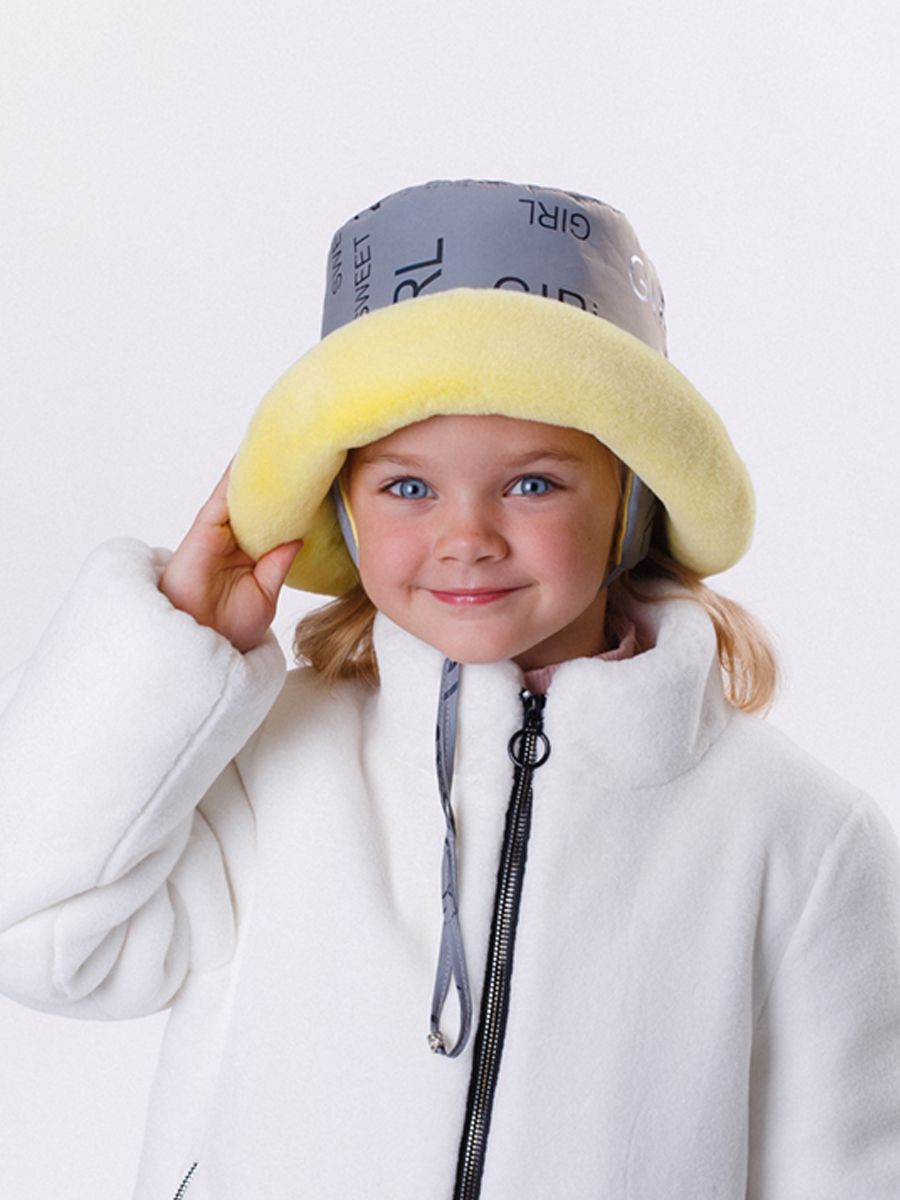 Кира шляпка плащевка светоотражающая на утепл.п. серый + экомех рекс лимонный р-р 54-55