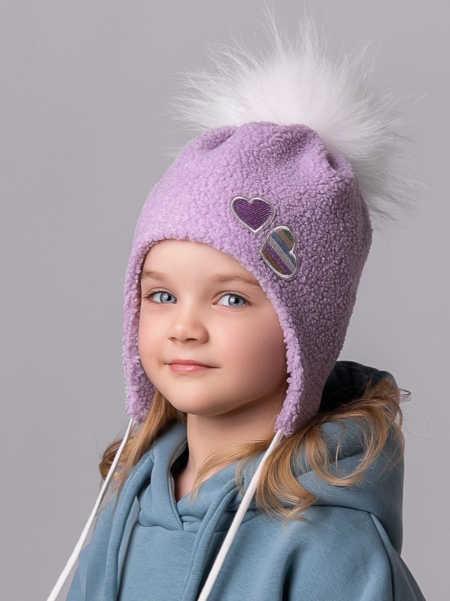 Сердечки помпон шапочка 031У трикотаж барашек на фл.п. лавандовый р-р 52-53