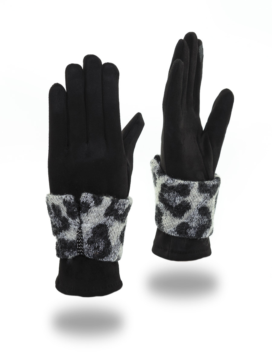 Леопард перчатки короткие трикотаж утепленный черный + трикотаж жаккардовый леопард черно - белый