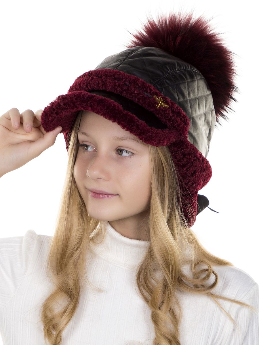 Римма муха помпон VIP ушанка-бомбер термостежка на фл.п. золото + экомех керли бордовый р-р 54-55