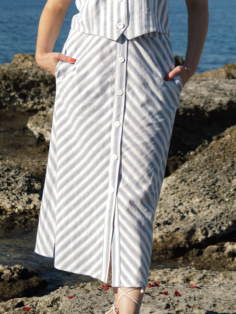 Мадлен юбка с планкой хлопок Полоска жаккард бело-голубой р-р L