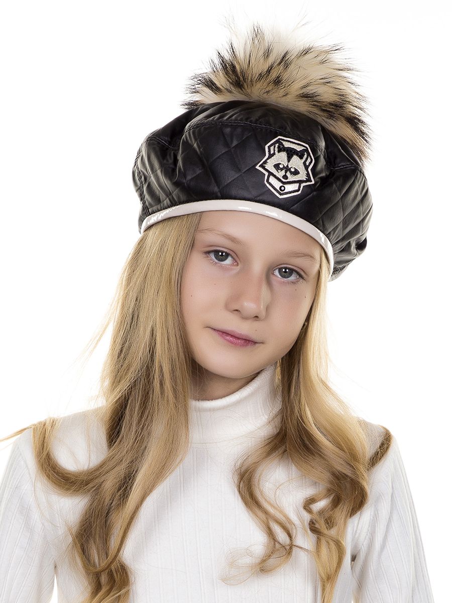 Диор шеврон енот помпон VIP берет термостежка на фл.п. черный + эколак молочный р-р 52-53