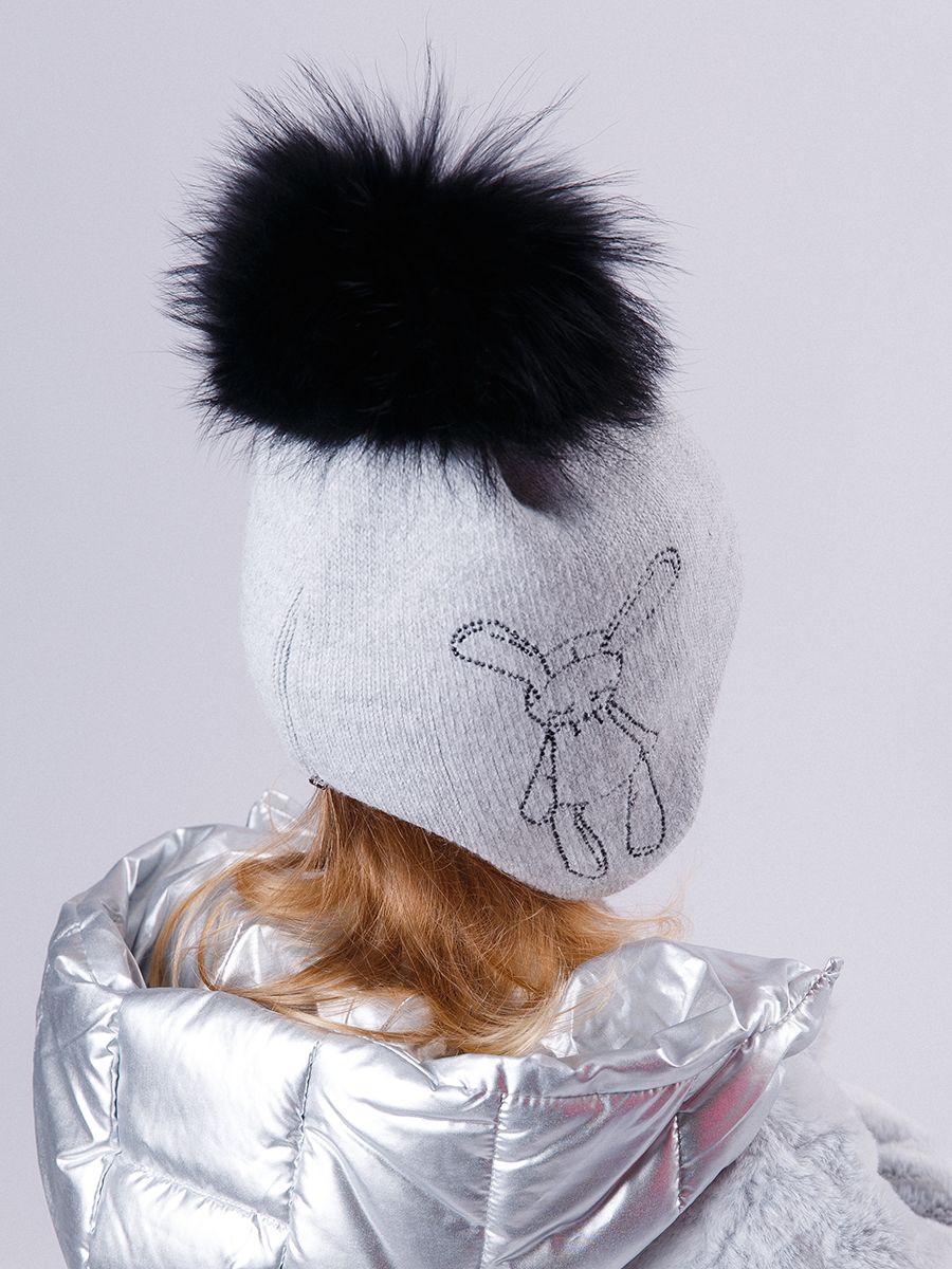 Заяц Банни помпон kids VIP шапочка УШ вязка серый (отделка гематит) р-р 52-54