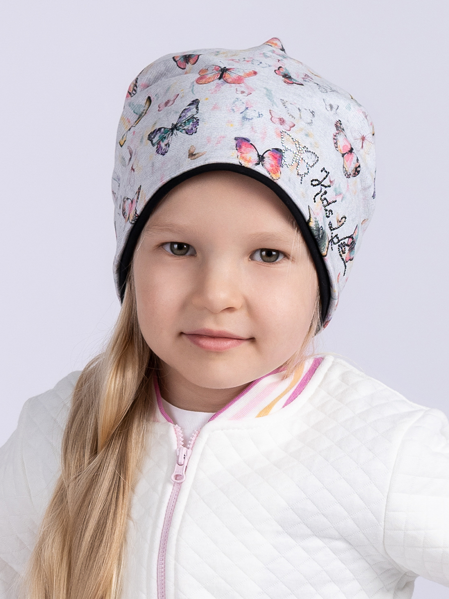 Kids шапочка Д1013 футер принт бабочки серый светлый + футер черный р-р 50-51