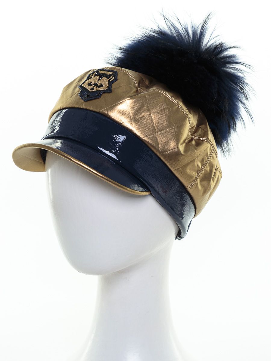 Жюли шеврон енот помпон VIP кепка термостежка на фл.п. золото + эколак синий р-р 54-55
