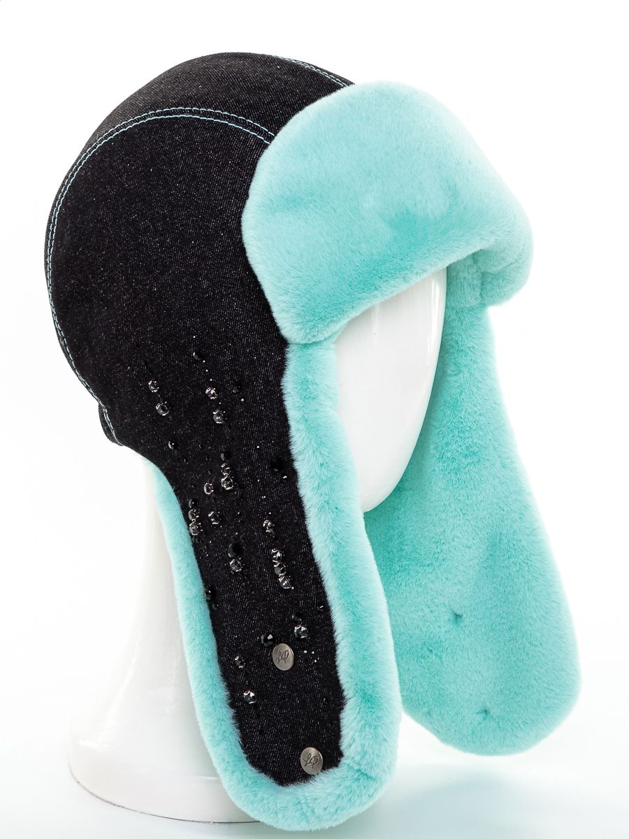 Герда звездопад ушанка джинса на утепл.п. черный + экомех рекс аквамарин р-р 54-55