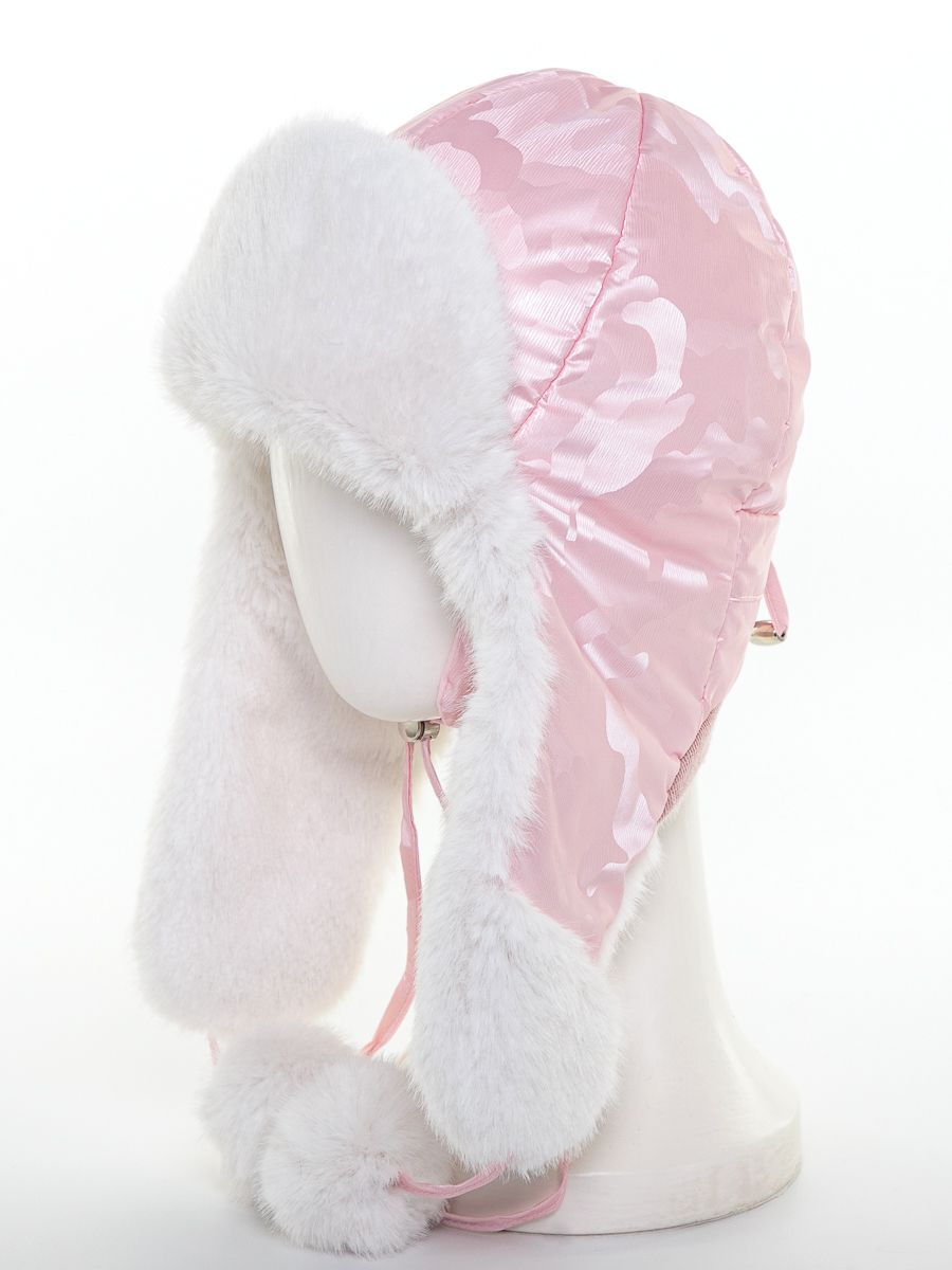 Джулия ушанка плащевка милитари на утепл.п. розовый + экомех ласка белый р-р 50-51