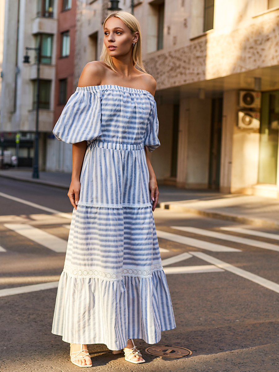 Кармен платье хлопок Полоска жаккард бело-голубой р-р S