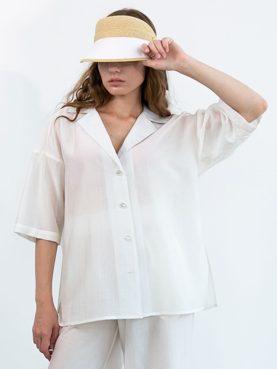 Гавайка блуза-рубашка тенсель Жоржет белый жемчуг р-р L