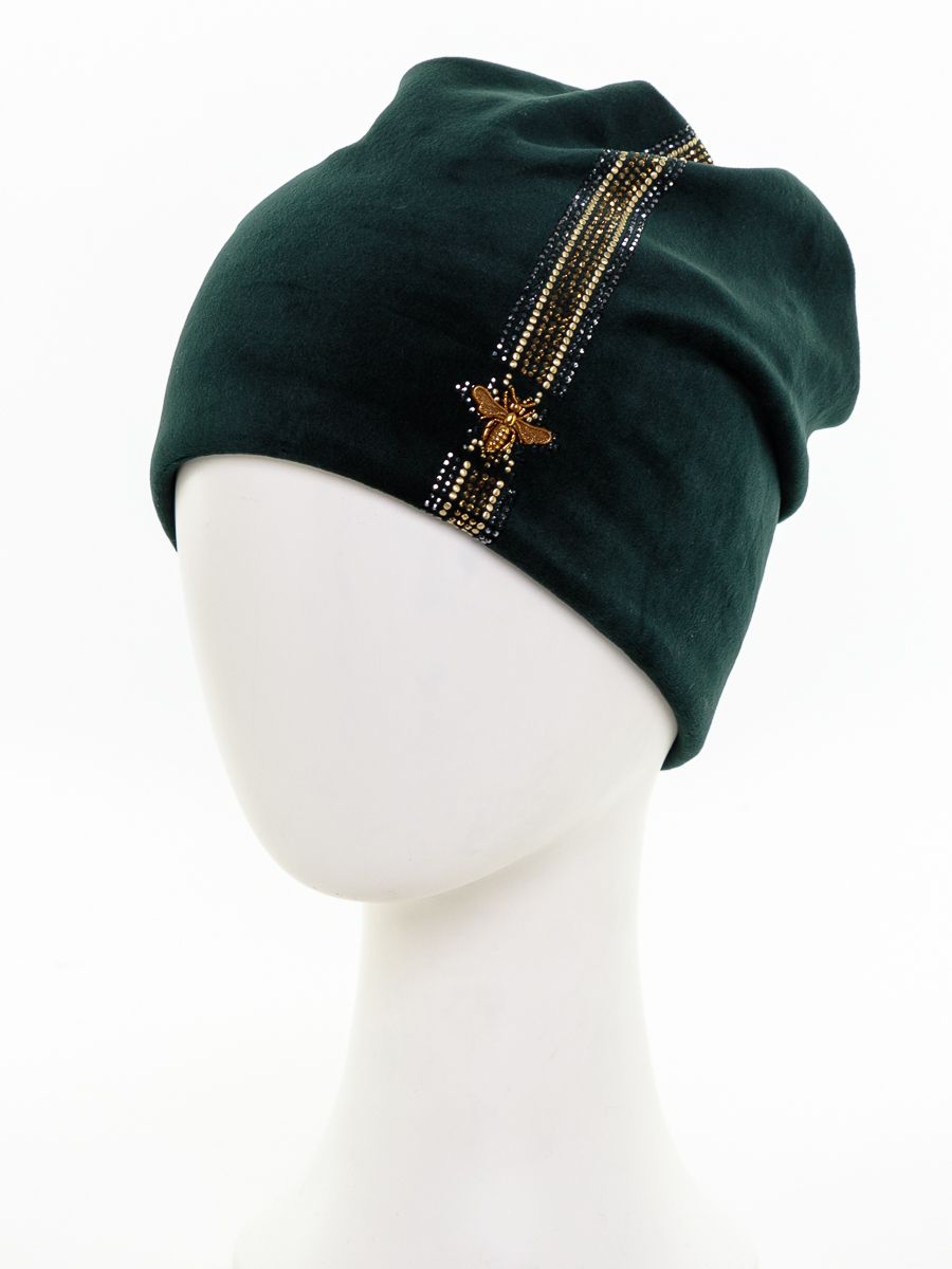 Муха полоса стразы шапочка 020/1 велюр на фл.п. зеленый р-р 54-55