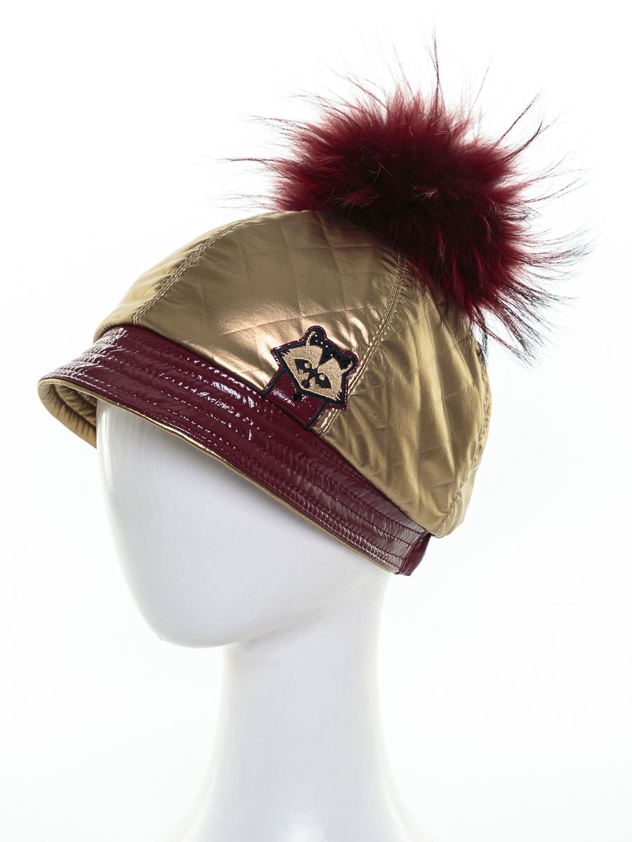 Элла шеврон енот помпон шапочка термостежка на фл.п. золото + эколак вишневый р-р 54-55