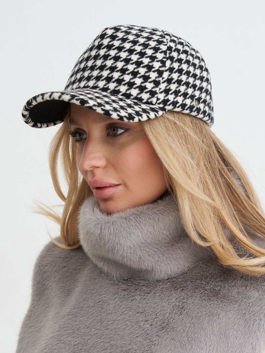Бейсболка 005/у шерсть Клетка Пье-де-пуль на фл.п. черно-белый + экозамша черный