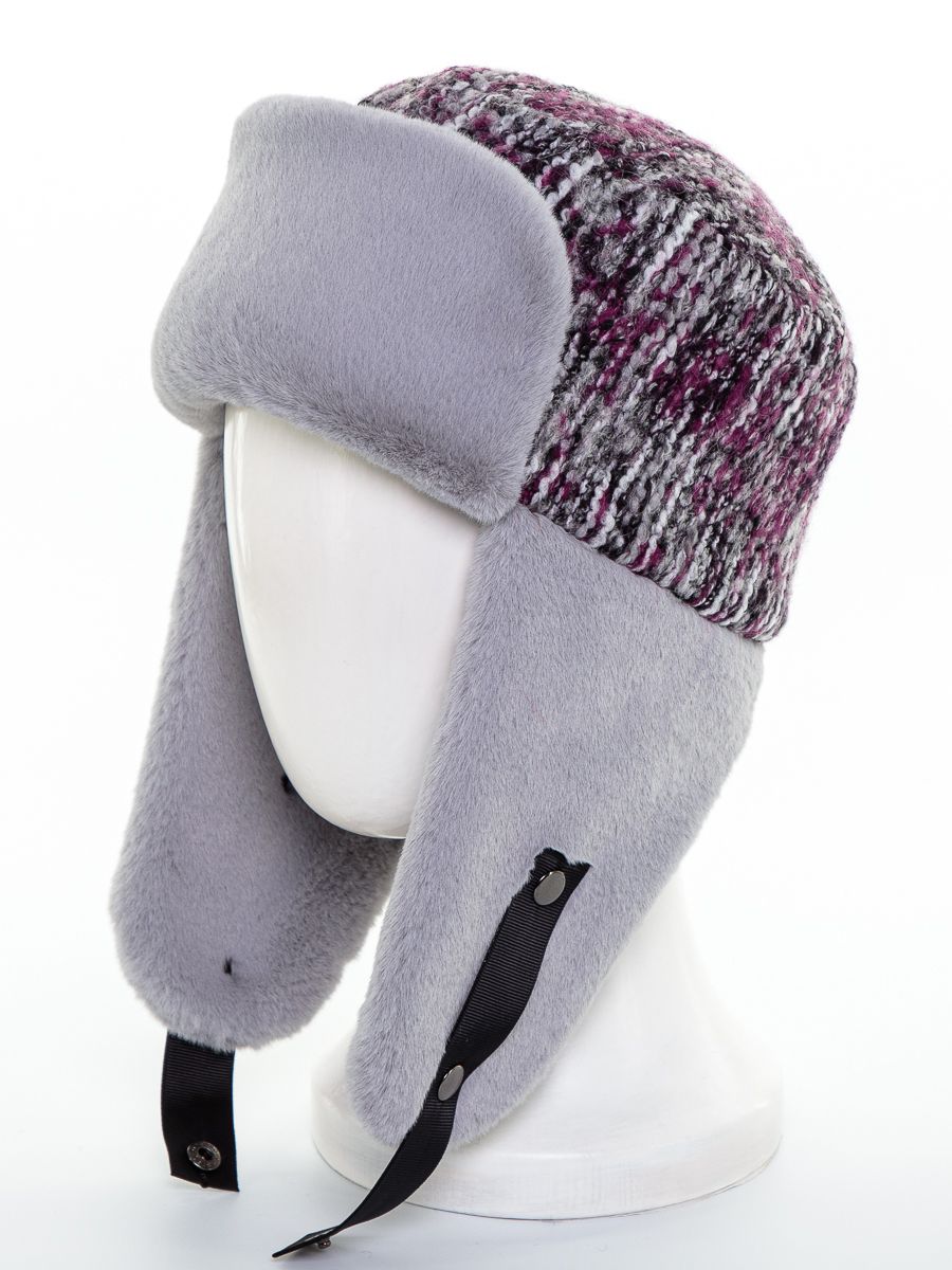 Тиффани ушанка шерсть букле петелька крупная на фл.п. сиреневый + экомех рекс серый жемчуг