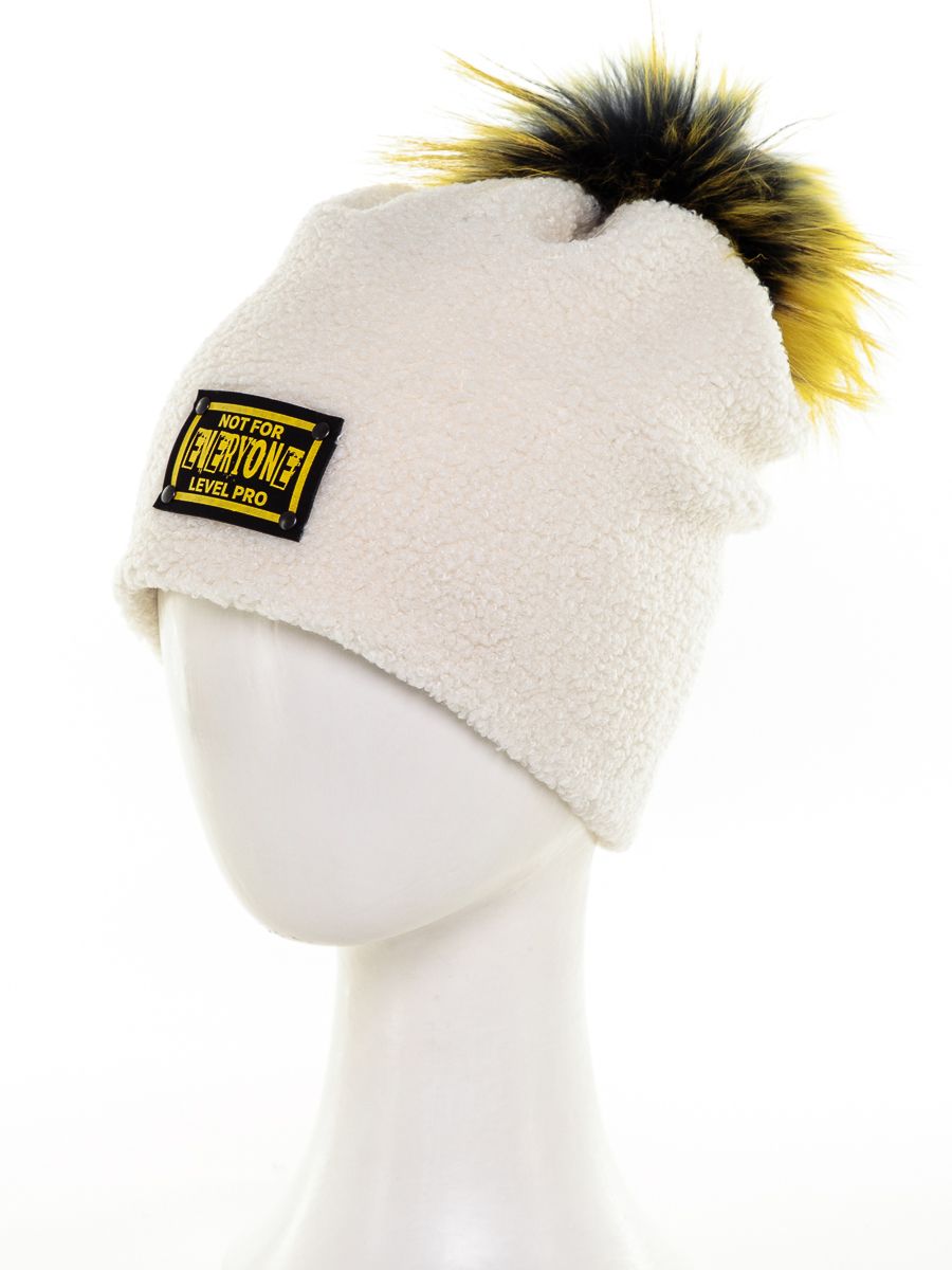 NOT-FOR помпон шапочка 020/1 трикотаж барашек на фл.п. белый (отд.желтый) р-р 52-53