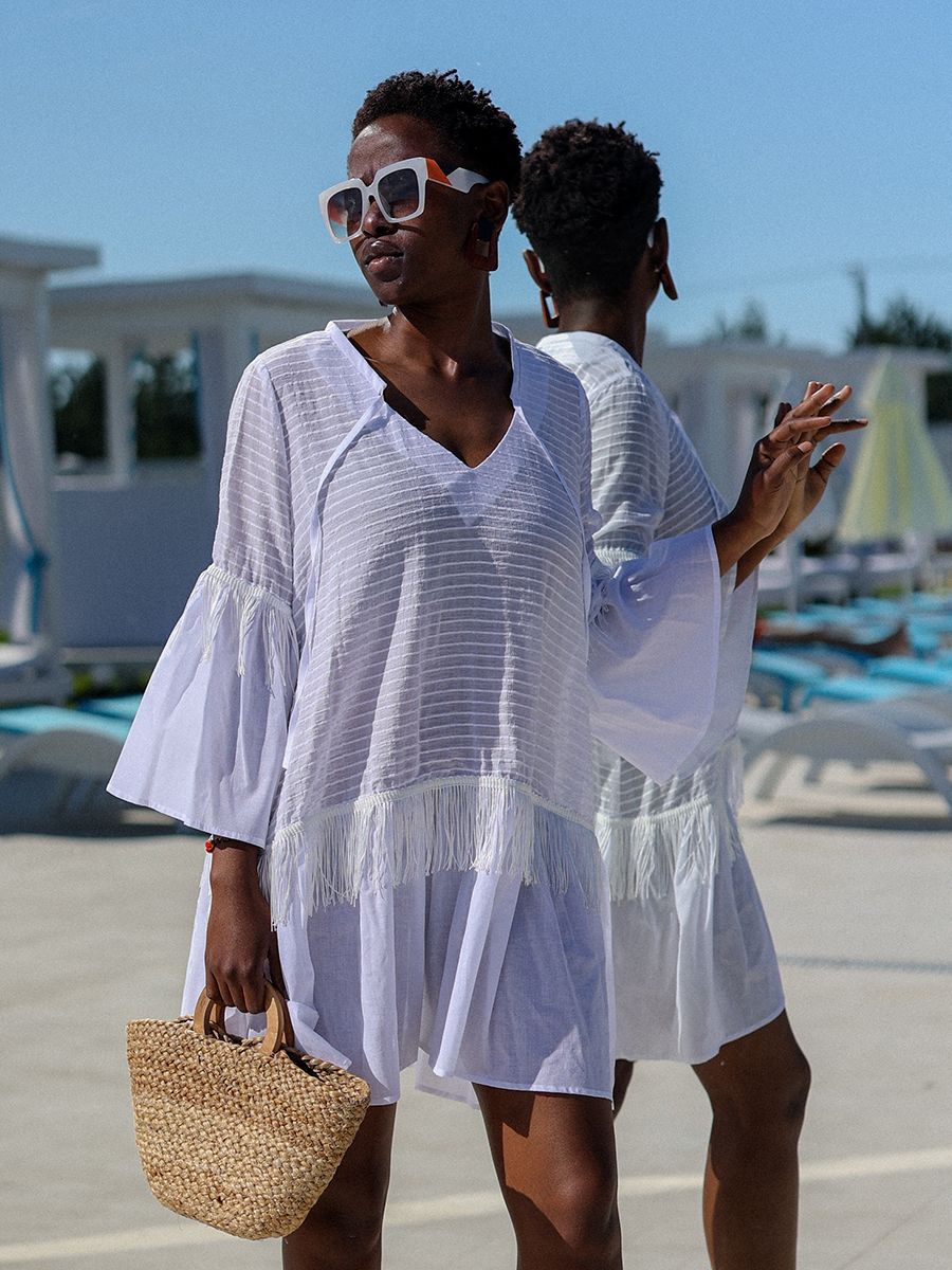 Джессика малибу туника вискоза полоска белый + батист белый р-р XL