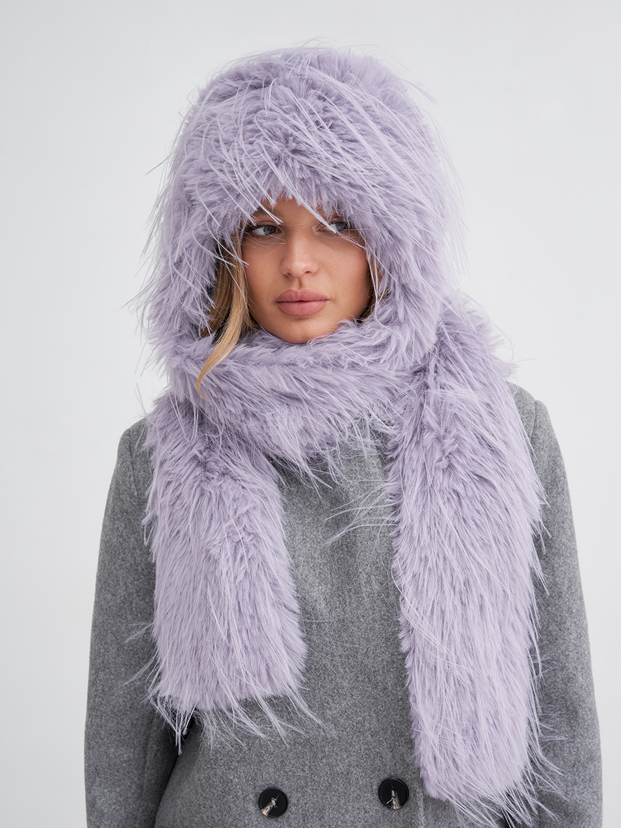 Леона капюшон экомех страус лавандовый + шелк фаберже синий