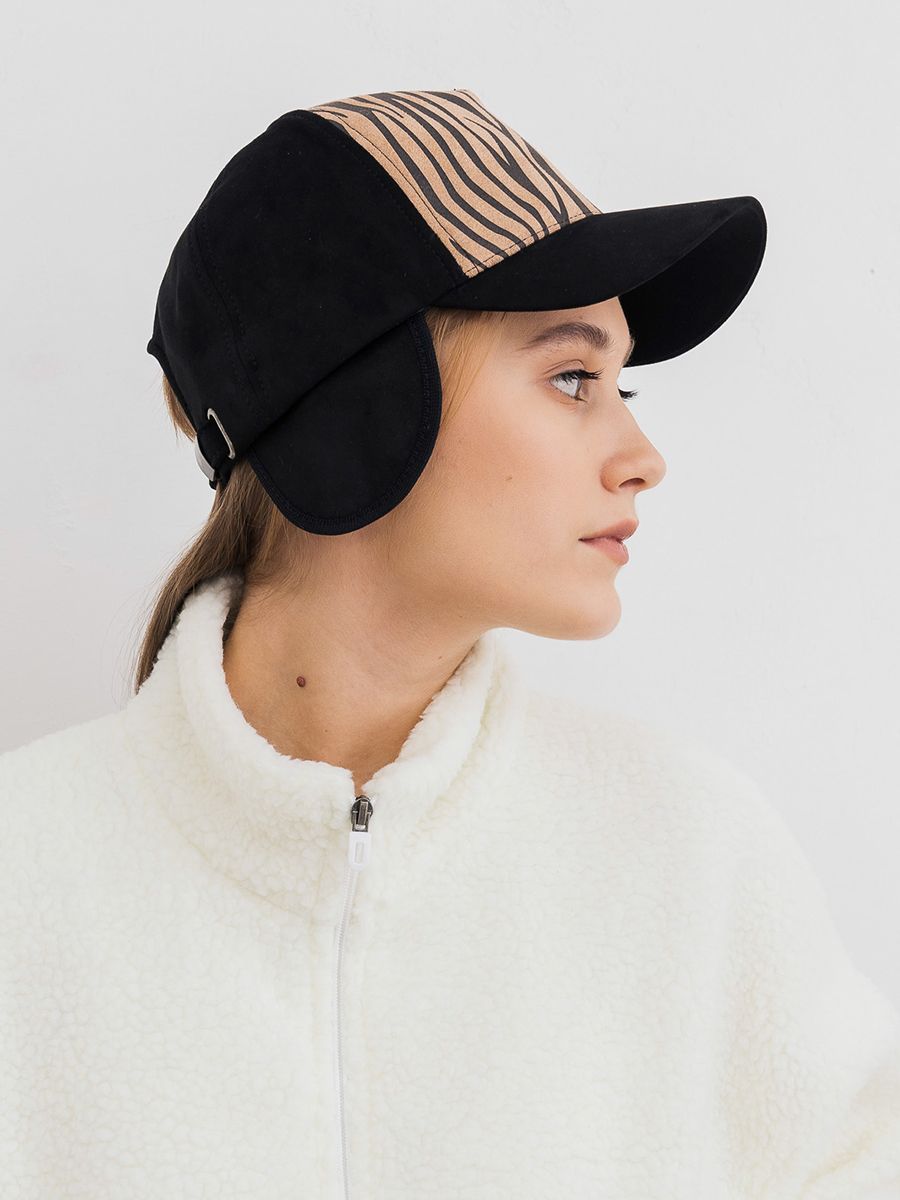 Бейсболка 005/у экозамша черный + трикотаж зебра бежево-коричневый