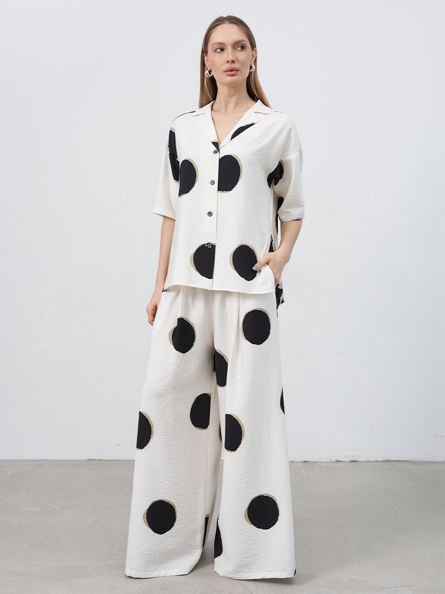 Бали комплект рубашка + брюки вискоза Горошина молочно-черный р-р 42-44