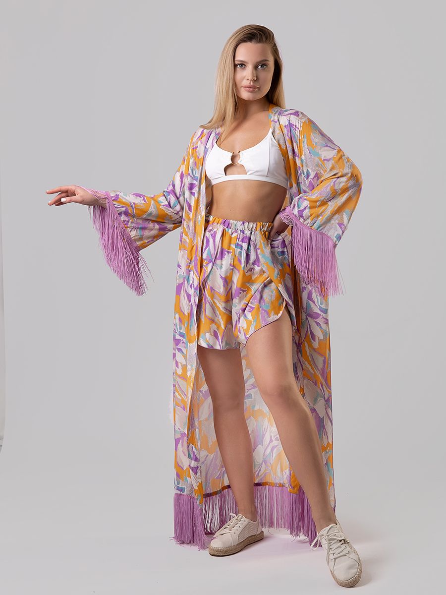 Сабина комплект халат длинный + шорты с запахом коттон Флора сиреневый р-р L