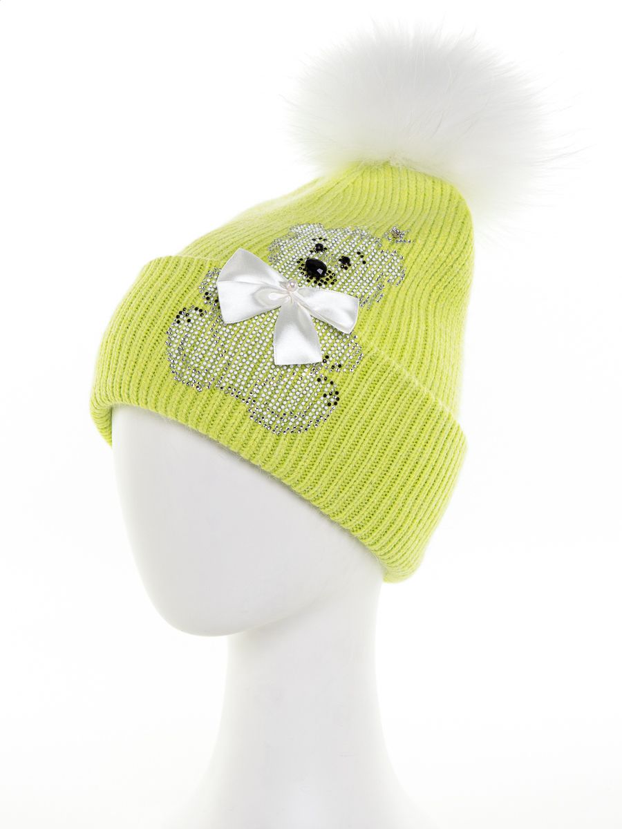 Медвежонок помпон kids VIP шапочка ФР вязка на фл.п. солнечный лайм (отделка белый) р-р 53-55