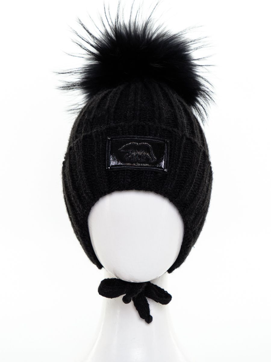 Медведь шеврон помпон kids VIP шапочка МЛ вязка черный р-р 54-56