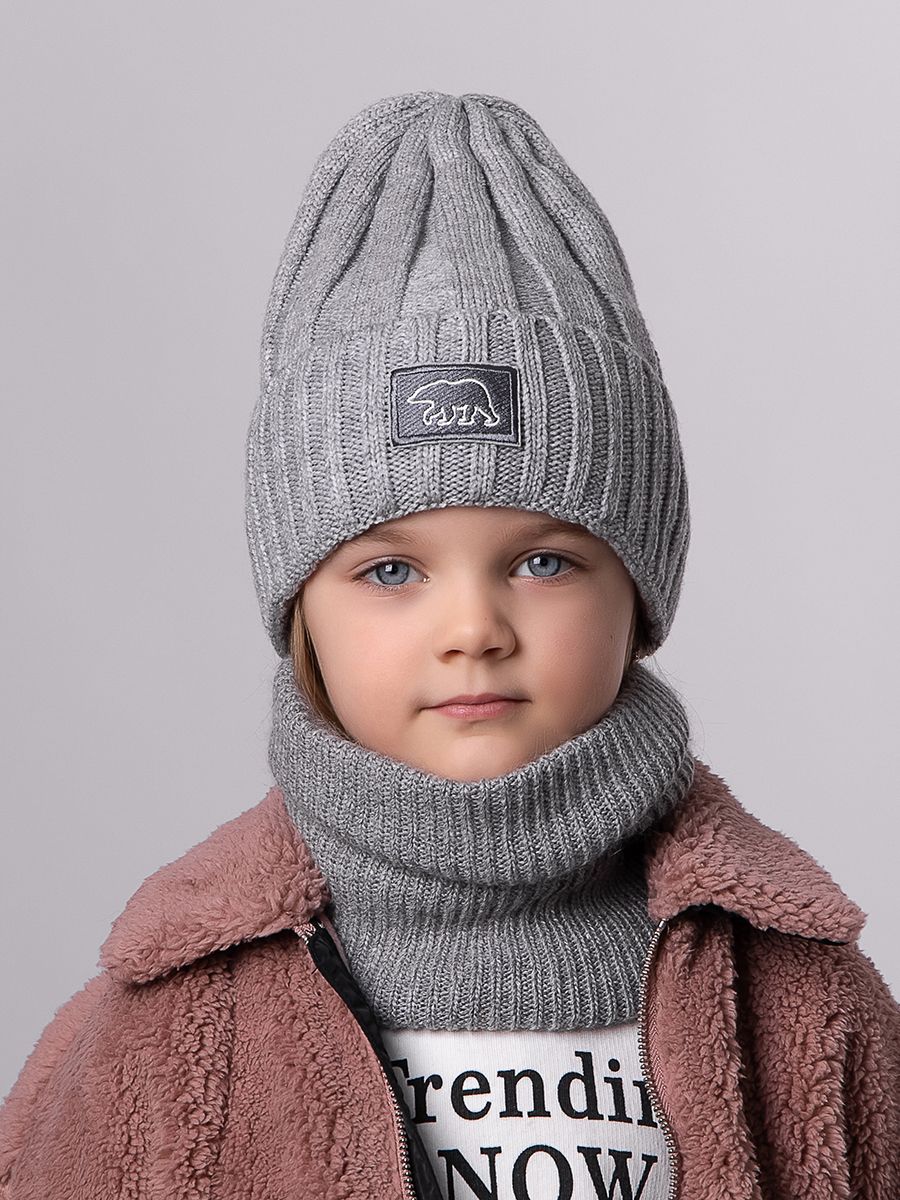 Медведь мини шеврон kids шапочка ЕВ вязка серый светлый р-р 53-55